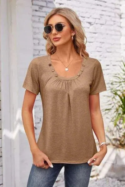 Decorative Button Scoop Neck T-Shirt Mocha Women's T-Shirts - Tophatter Daily Deals